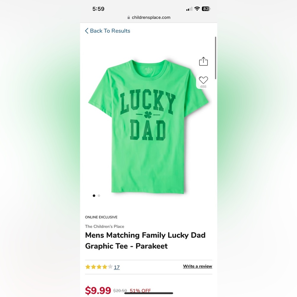Children’s place lucky dad tee Saint Patrick’s day green medium nwt